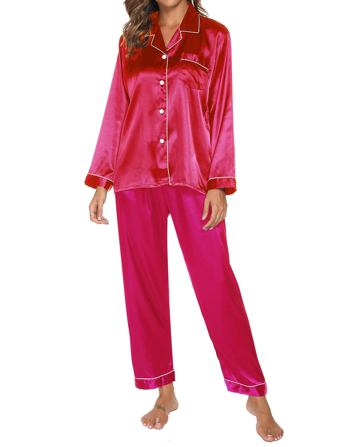Mchodare Womens Silk Pajamas Set Button Down Pajama Set Long Sleeve Two-piece Loungewear Sets Sleepwear Nightwear with Long Pants Rose Red