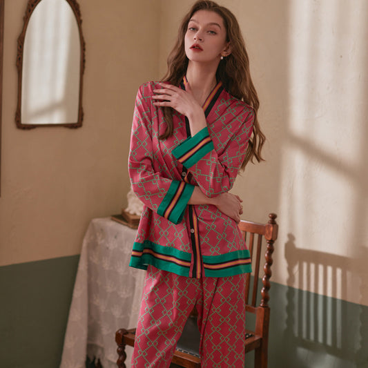 Spring Women's Long Sleeve Ice Silk Printed Pajamas Set