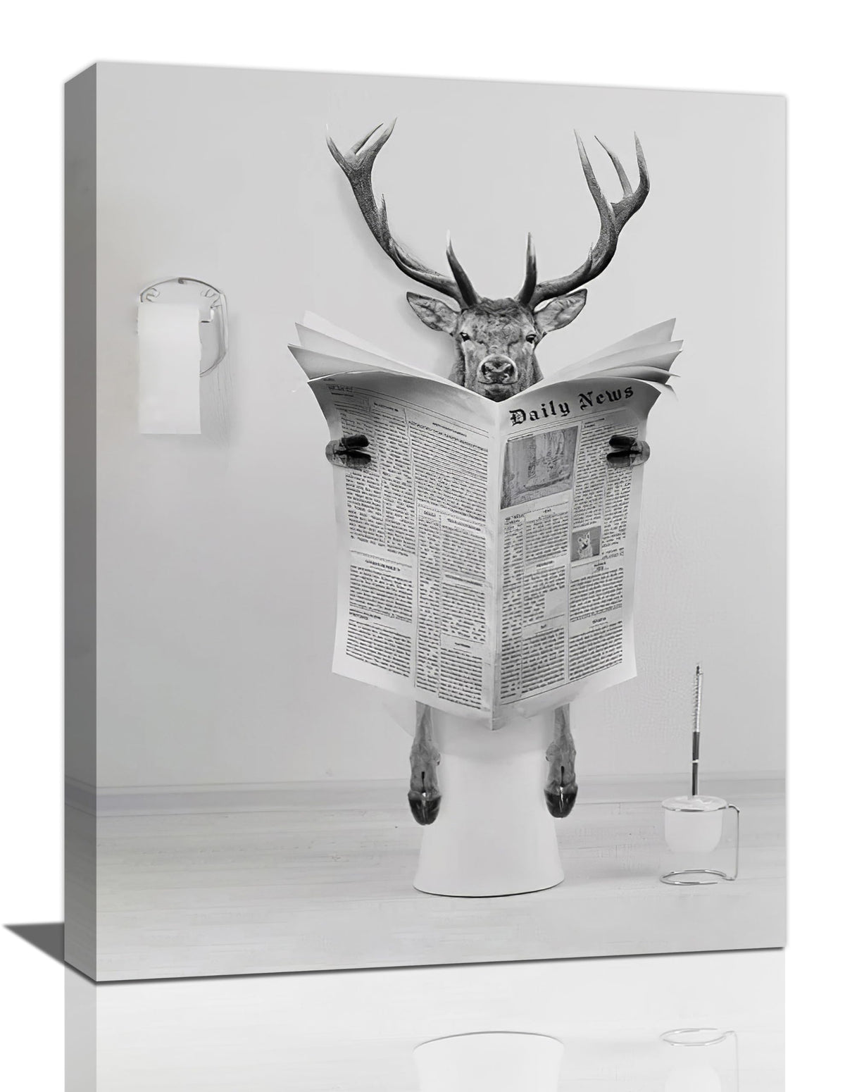 Funny Deer Bathroom Wall Art Black And White Animal Pictures Wall Decor Cute Deer Elk Bathroom Canvas Print Painting Artwork Modern Home Bathroom Decorations for Restroom Toilet Framed 12"x16"