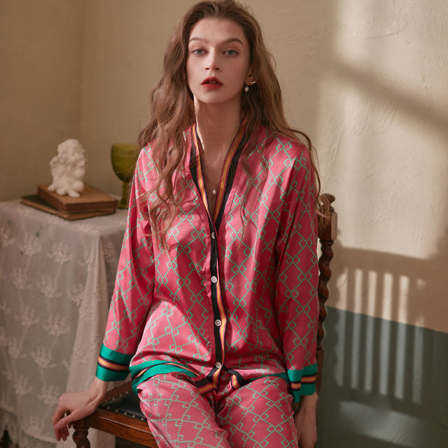 Spring Women's Long Sleeve Ice Silk Printed Pajamas Set