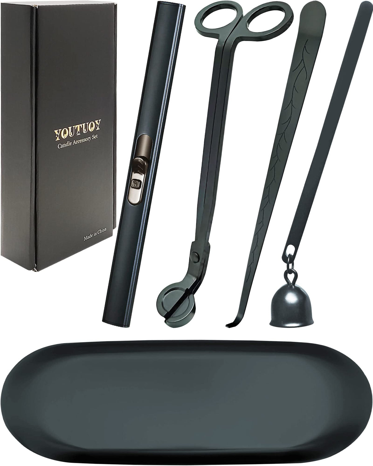Candle Accessory Set with Rechargeable Candle Lighter Candle Wick Trimmer Candle Wick Snuffer Candle Wick Dipper Storage Tray Plate Candle Care Kit (Matte Black)